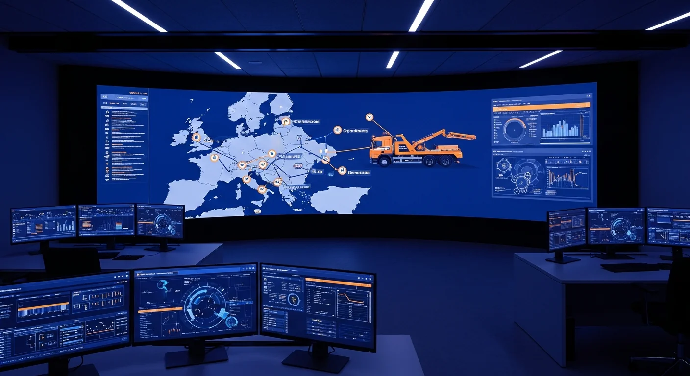 AI-powered logistics control room with European route optimisation dashboard for towing fleet