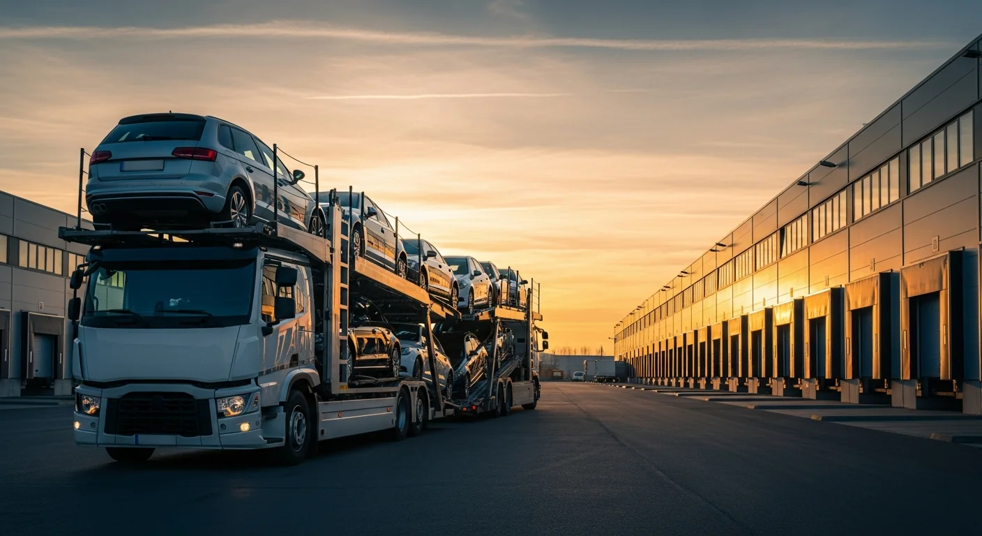 European multi-car transporter loaded with used cars crossing border for cross-border vehicle import