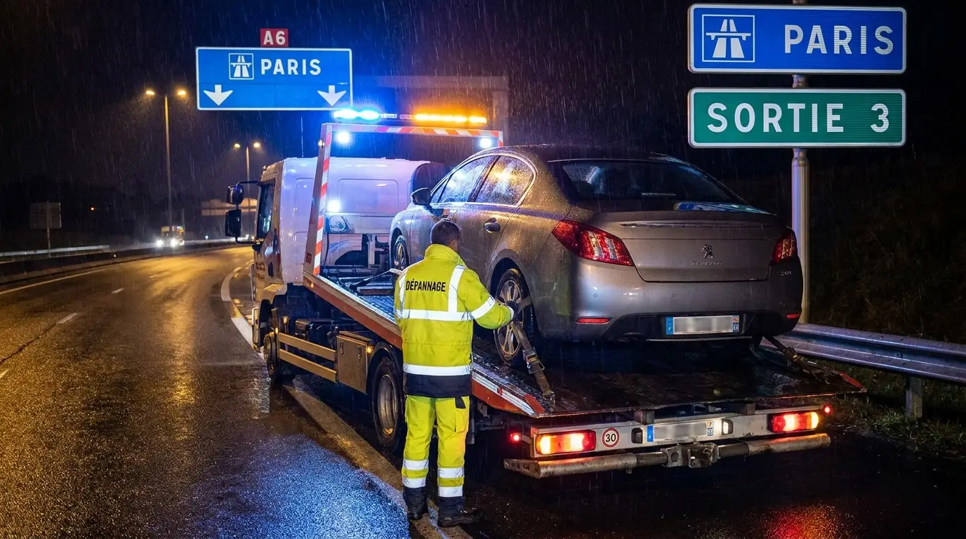 Dépanneuse plateau française intervenant la nuit sur la bande d'arrêt d'urgence d'une autoroute, illustrant le rôle de sécurité publique du dépannage en France
