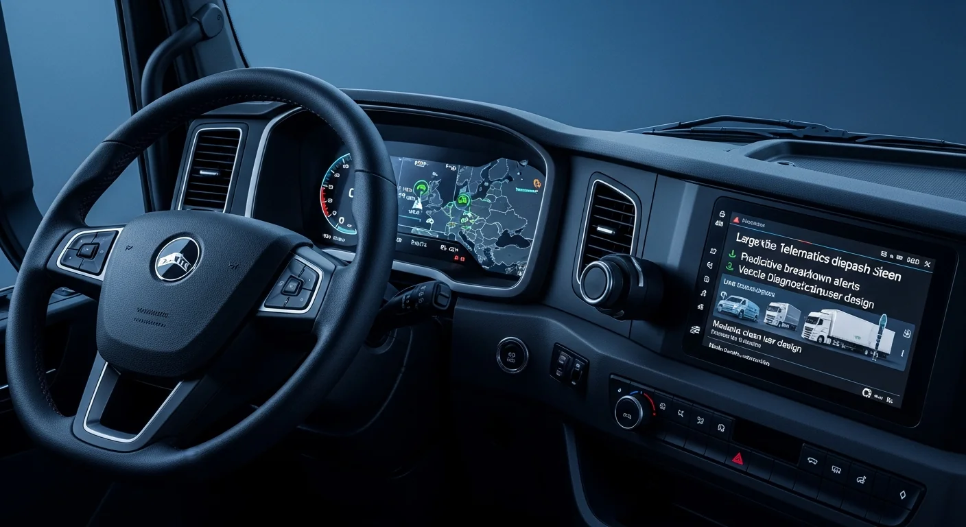 Modern European tow truck with connected telematics dispatch screen showing predictive breakdown alerts